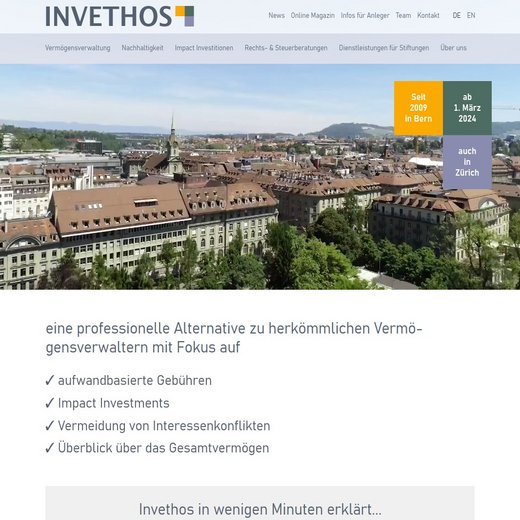Startseite von invethos.ch zeigt die Dächer von Bern