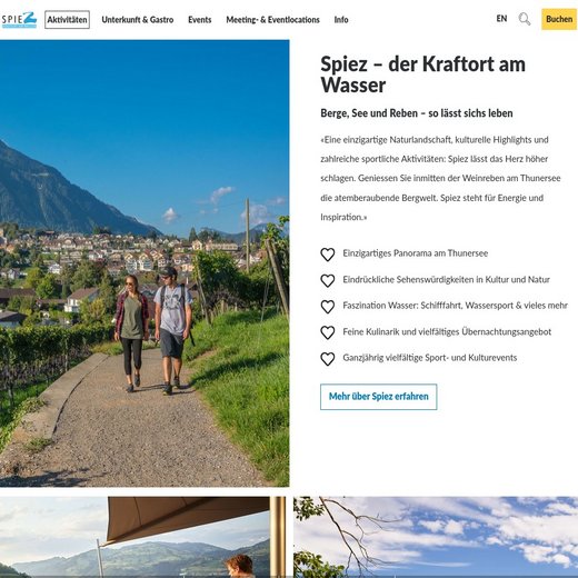 Ausschnitt der Webseite von spiez.com mit zwei Wanderer und der Stadt im Hintergrund